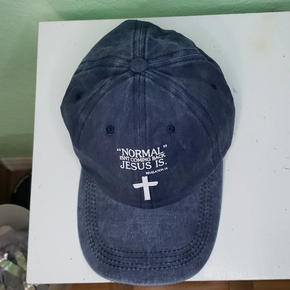 women's NORMAL ISN'T COMING BACK, JESUS IS blue soft ball cap